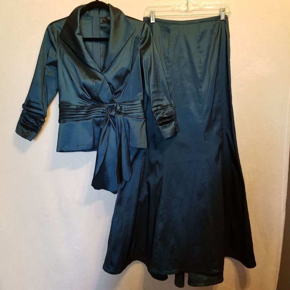 TADASHI SHOJI 8 Suit 2pc Set Taffeta Ruched Blazer Top Mermaid Skirt Dark Teal
